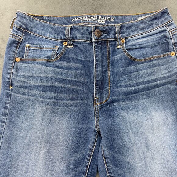 AE American Eagle High Rise Skinny Jeans 12 Regular Medium Wash Whiskered - Picture 2 of 15